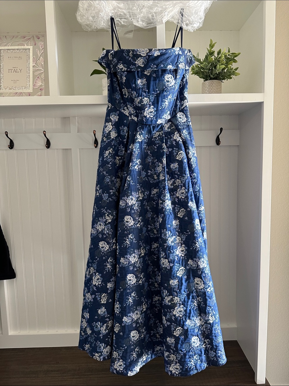 Mac Duggal Navy Blue and White Strapless Floral Midi Dress - Picture 4 of 6